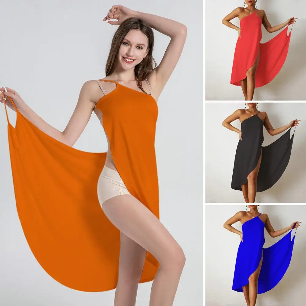 Casual Midi Dress Stylish Women's Beach Cover-up Dress Off-shoulder Sleeveless Midi Dress for Vacation Solid Color Breathable