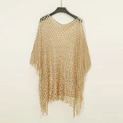 Hotsale Bright Silk Shawl Scarf Hollow Out Tassel Pashmina Scarf Women Swimming Cover Up Beach Stoles Plain Tippet Cape