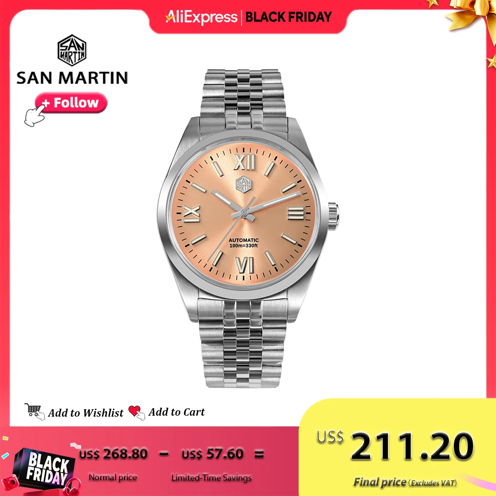 

San Martin 39mm Men Dress Automatic Mechanical Watch Steel YN55 Roman Numeral Sunray Dial Business Watches Sapphire 10Bar SN0050