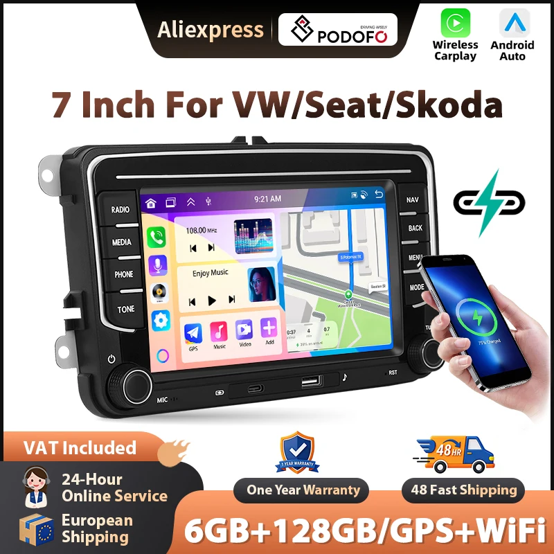 Podofo 7'' 6+128G Auto-Radio für VW Kabelloses CarPlay Android Auto-Multimedia-Stereo WIFI GPS-Navigation FM/RDS 2din Haupteinheit