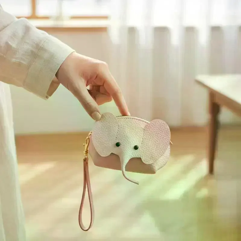 Cute Elephant Design Women's PU Leather Coin Purse, Multifunctional Zipper Key Case with Key Ring