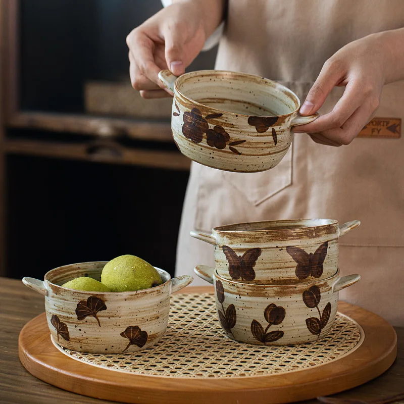 

Round stoneware hand painted amphora bowl vintage salad bowl minimalist home ceramic cutlery restaurant dessert bowl