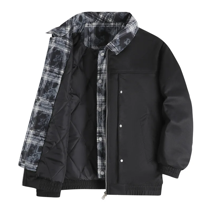 الشتاء الرجال سترة جديدة منقوشة المرقعة رفض طوق معطف الذكور رشاقته الدافئة طويلة الأكمام فضفاضة رجل وهمية قطعتين ملابس خارجية #4
