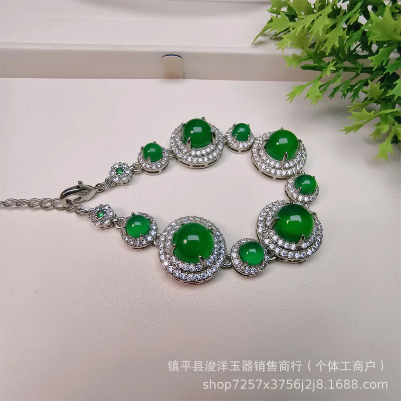 New trendy chrysoprase jade bracelet with fluorescent effect, round diamond-encrusted jade bracelet, birthday gift for girls