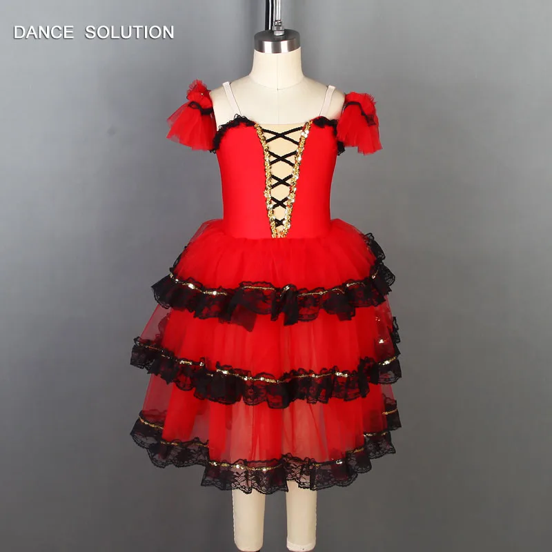 

Red Romantic Ballet Tutu Dress Layers of Tulle Skirt with Black Lace Trims Professional Tutu Dress for Women and Girls 19218