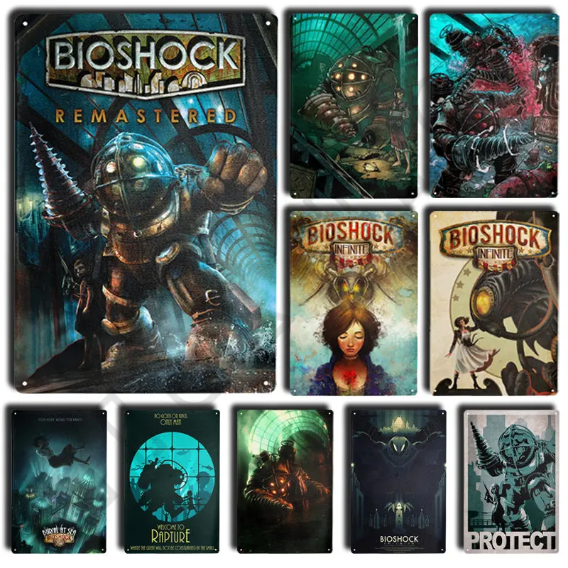 Classic Game Bioshock Rapture Poster Metal Signs Plaques Wall Mural for Bedroom Livingroom Cinema Haunted House Decor