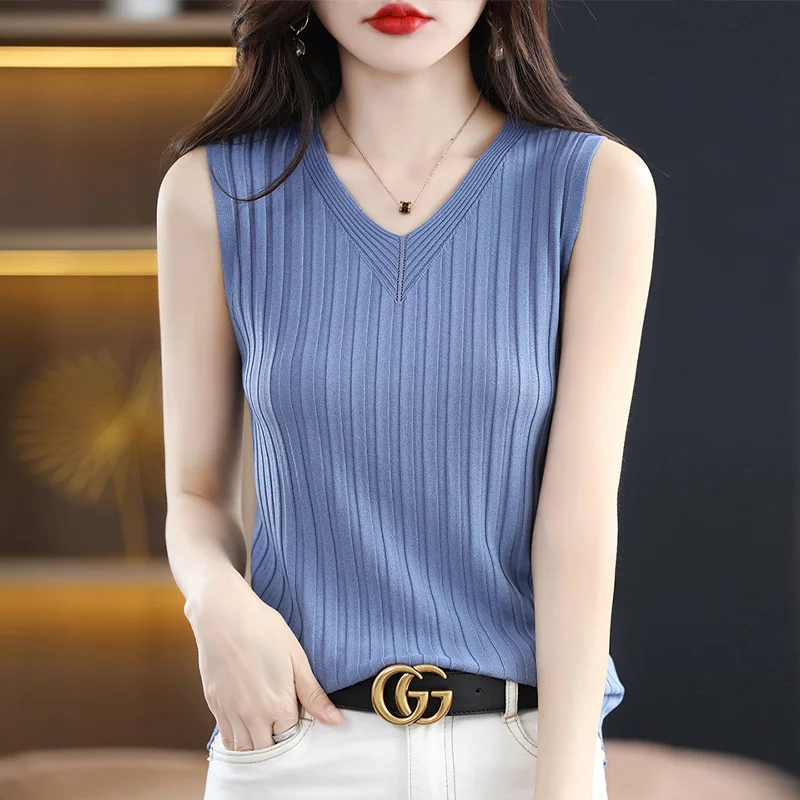 

#9227 Summer Knitted Tank Top Women Solid Color Sexy Short Top Female Slim Fit Knitwear Tank Tops V-neck Streetwear Top Elastic