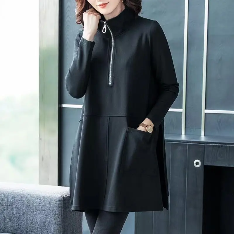 Zipper Half Open O Neck Solid T Shirt Women Autumn Winter Long Sleeve Hoodie Shirt Loose Korean Style Pocket Tunic Tops