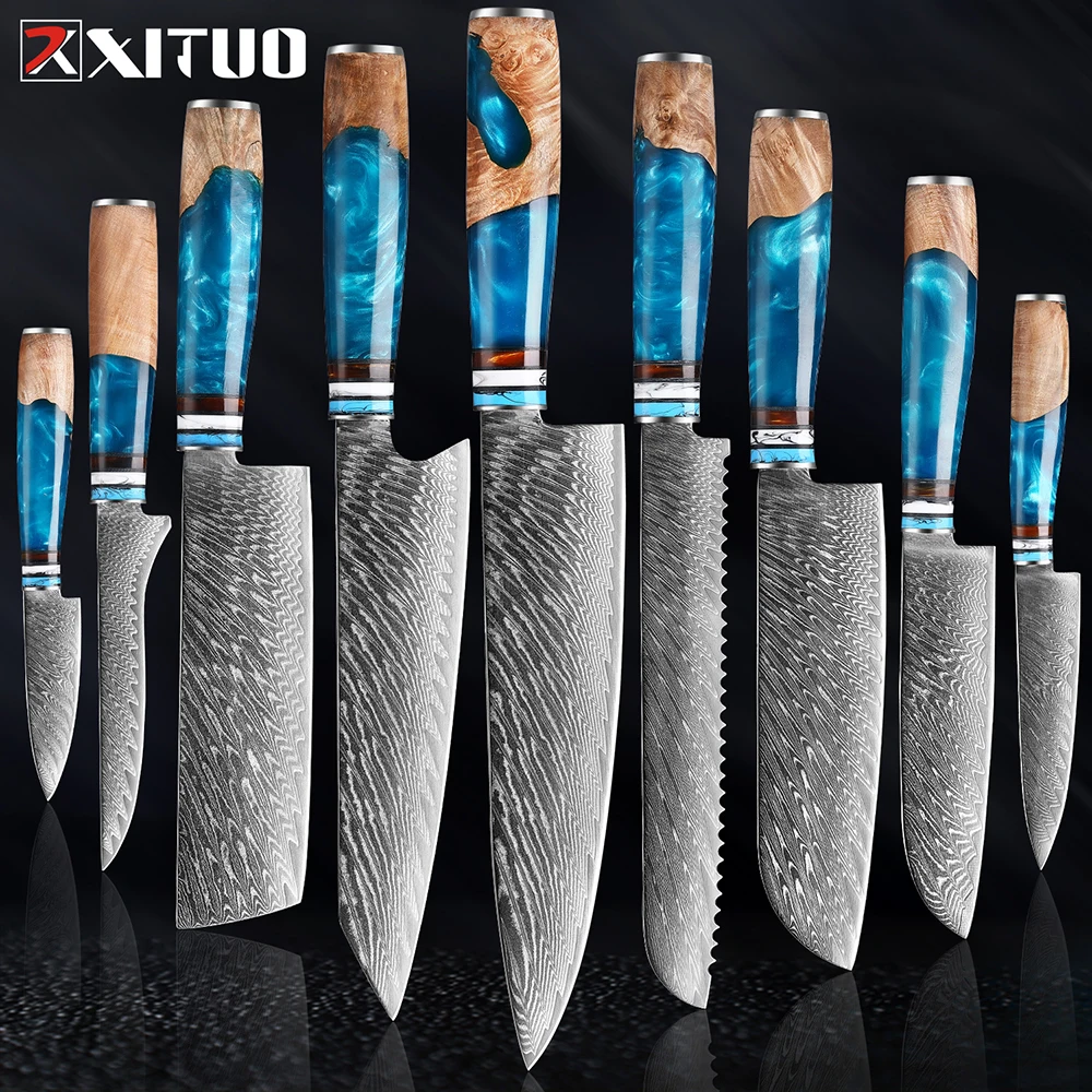 XITUO Damascus Steel Kitchen Knife Set Japanese VG10 Steel Chef\'s Knife Cleaver Extremely Sharp Blades for Effortless Cutting