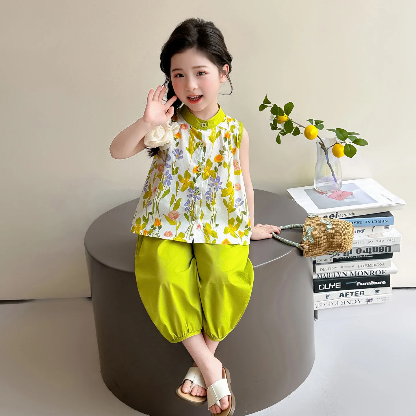 Girls' Countryside Style Set Summer 2026 New Girl Baby Stand up Collar Vest Children's Korean Two Piece Set