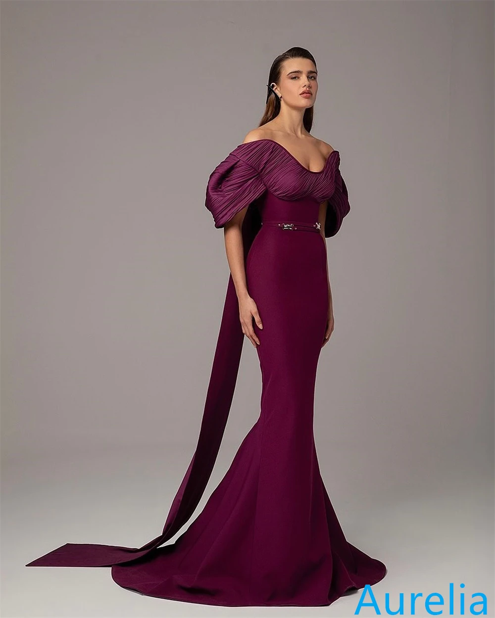 Customized Graceful Fuchsia Jersey Evening Dress Boat Neck Off the Shoulder Short Sleeves Celebrity Gowns Special Occasion Gowns image 6