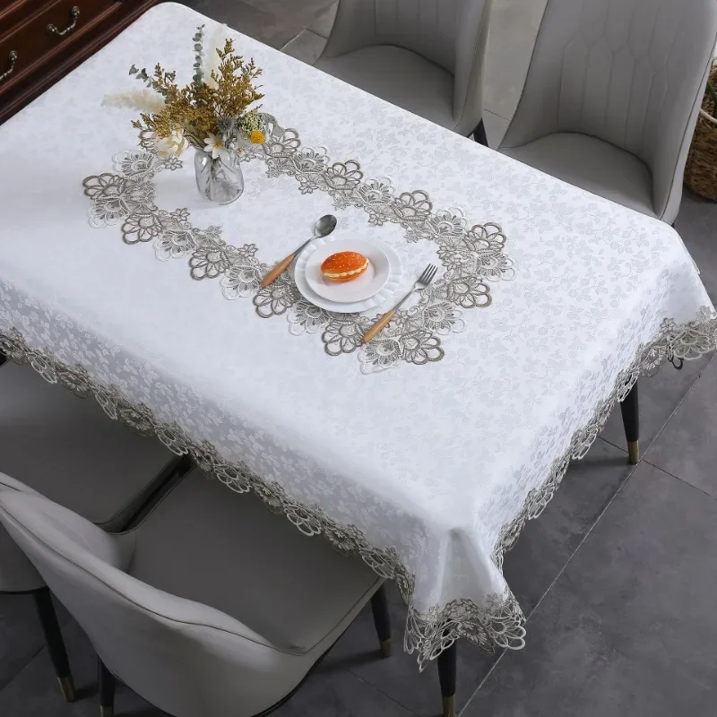 Tablecloth Rectangle White Dining Table Cloth Satin Jacquard Europe Table Cover Round Embroidered Dust Cover Table Decoration