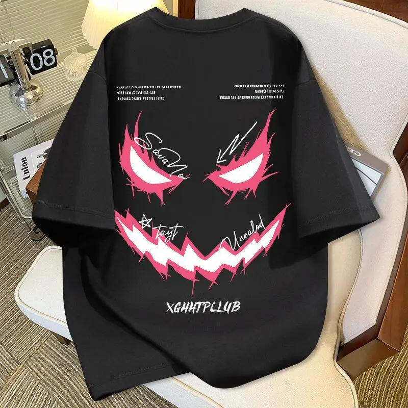 American-style Devil Smile Face Print T-shirt for Women, Summer Trendy, Instagram-worthy, High Street Boyfriend-style Shirt