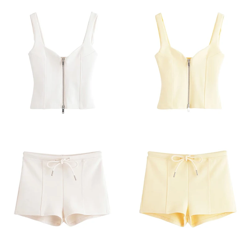 

Z 2025 New Women's Faion Set Double-sided Cloth Zipper Decorated orts And Top Polyester Fiber V-ne ort Sve