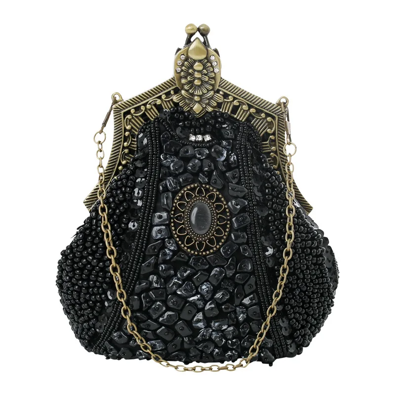 Retro Fashion Pearl Sequin Beaded Clutches Handbag for Women Vintage Antique Gold Color Chain Shoulder Bag Party Evening Bags