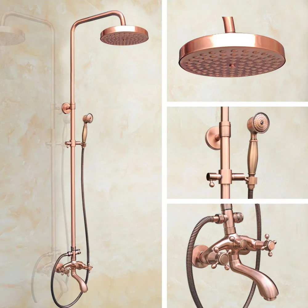 

Antique Red Copper Brass Two Cross Handles Bathroom Rainfall Shower Faucet Set Bath Tub Mixer Tap Hand Held Shower Head mrg502