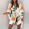 Women Casual Loose Dress Beach Boho Dress Fashion Vintage Print V Neck Drawstring Mini Dress Summer Dresses Robe Femme 2022