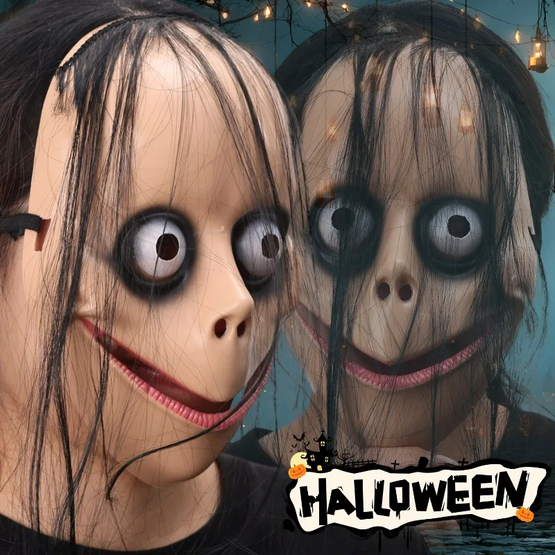 2025 Halloween Horror con maschera per capelli lunghi Maschera divertente Maschera per bocca a forma di V con capelli Fantasma femminile Gioco di ruolo Festival Maschera spaventosa