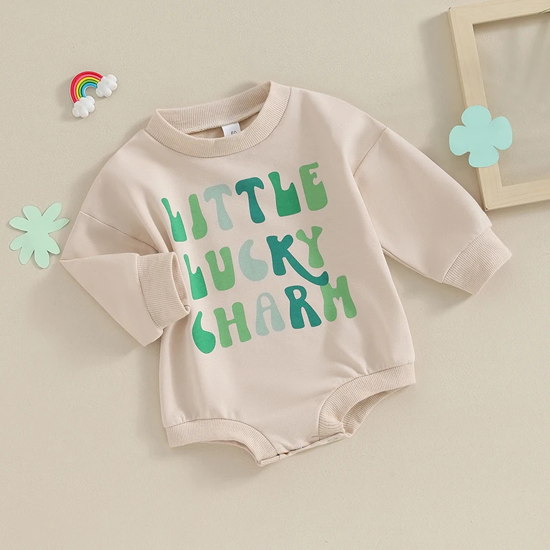 Newborn Baby Boy Girl St Patrick s Day Outfit Lucky Clover Embroidery Sweatshirt Romper Long Sleeve Oversized Bodysuit Top