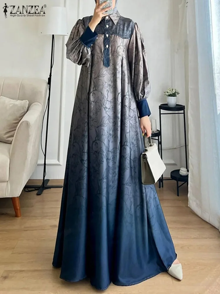 Fashion Printed Muslim Dress Abaya ZANZEA Women Elegant Long Sleeve Maxi Sundress IsIamic Dubai Long Robe Bohemain Vestidos 2024