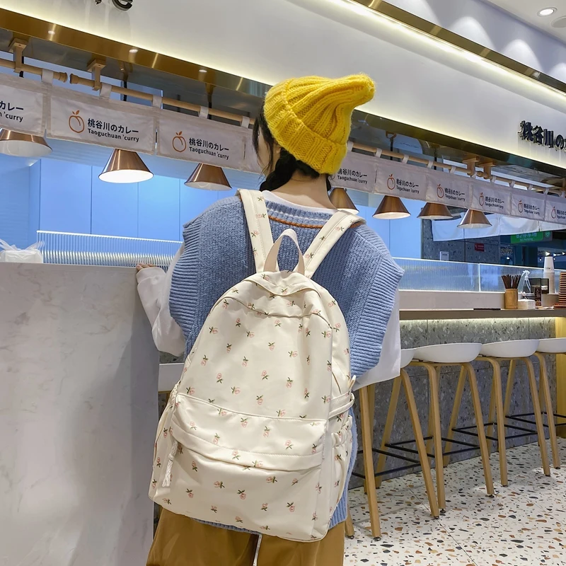 Estudante coreano mochila escolar floral branco sacos de escola para meninas adolescentes bonito mochila feminina marca saco de livro náilon