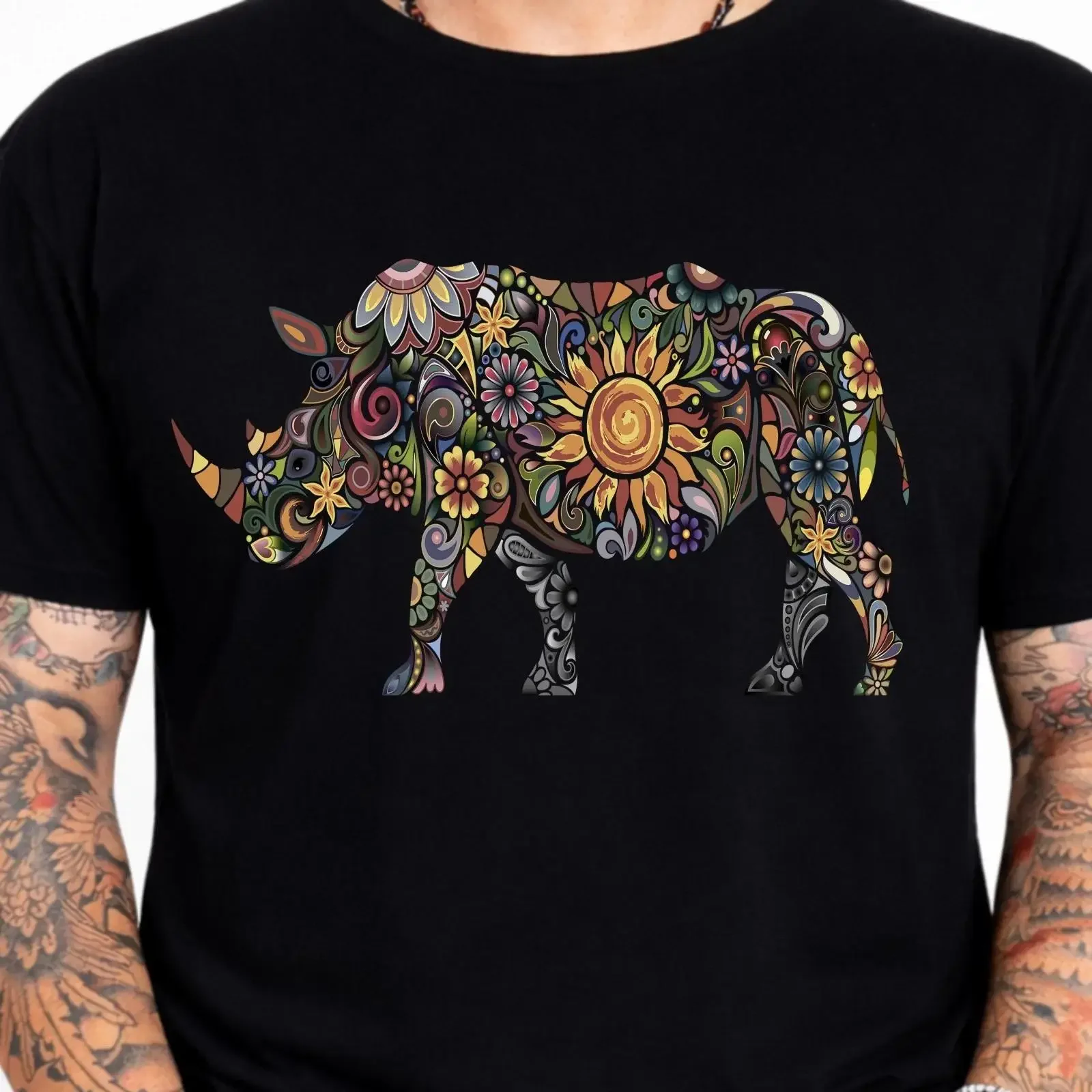 Rhino Mandala Floral T Shirt Tribal Animal Art Wildlife Boho Yoga vintage Washed Unisex Slightly graphic Stretched