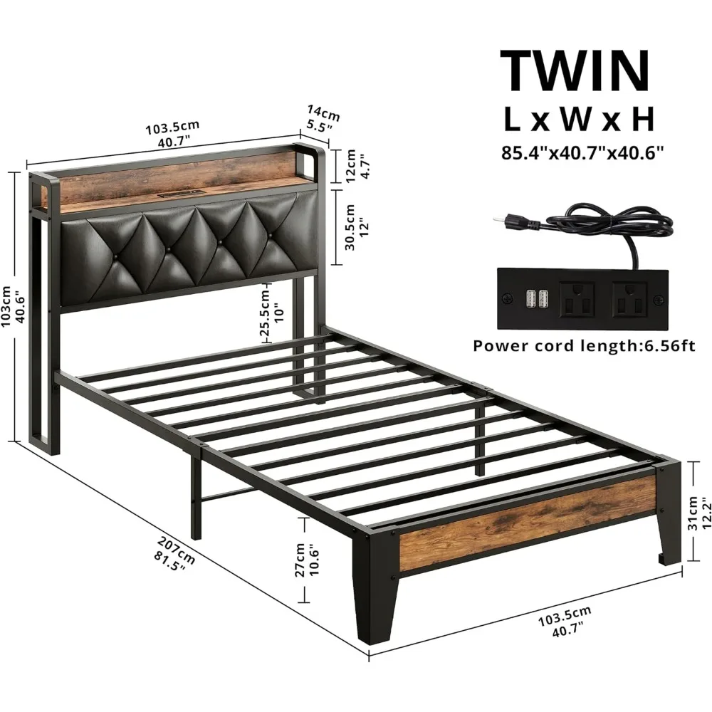 Twin Bed Frames, Storage Headboard with Outlets, Easy To Install, Sturdy and Stable, No Noise, No Box Springs, Bed Bases