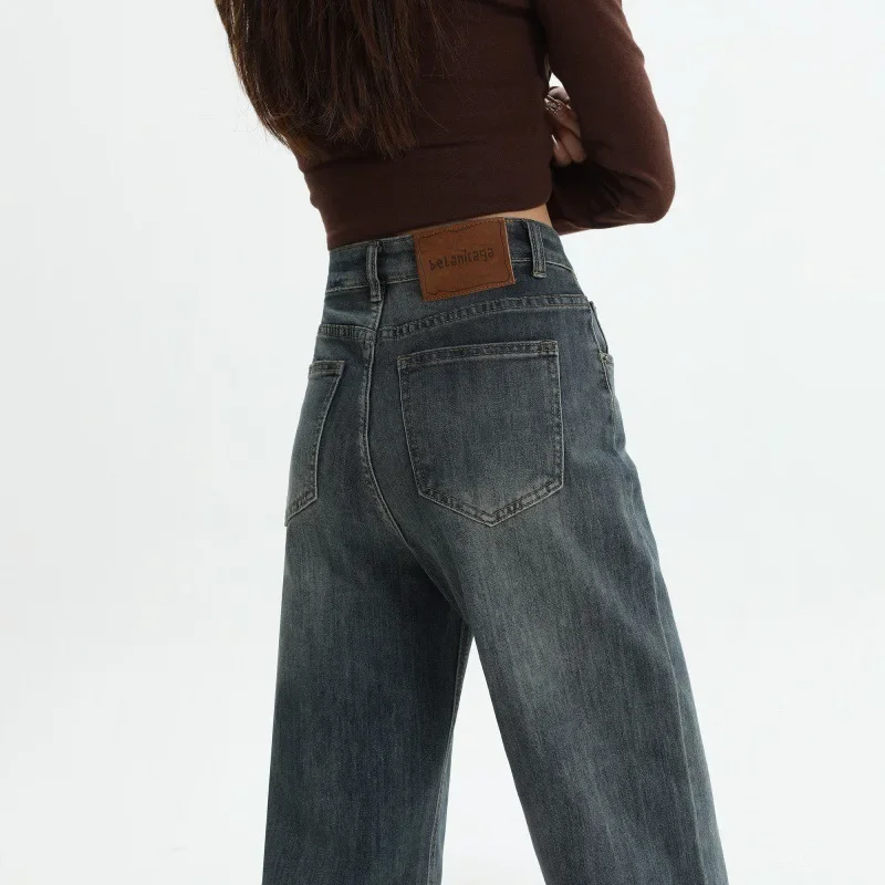 Amerikaanse Retro Wijde Spijkerbroek Dames Lente Mode Rechte Pijpen Hoge Taille En Vloer Broek Losse Effen Kleur Jeans