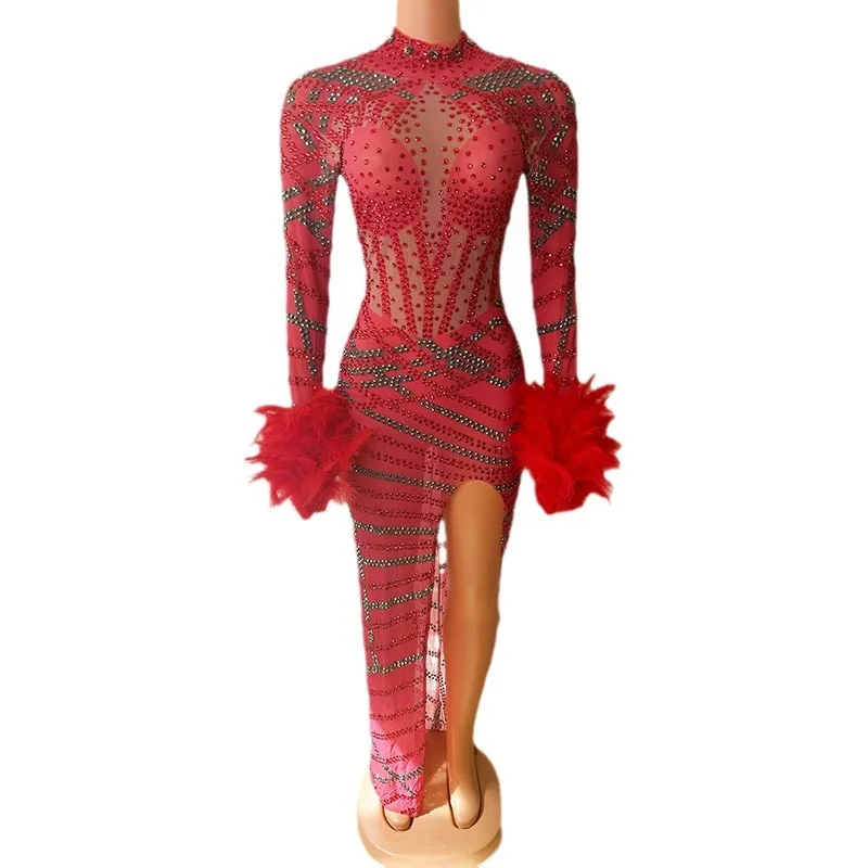 Bar chanteur Costume plumes rouges tempérament Sexy Robe de soirée discothèque modèle défilé danse Banquet dîner Robe Cocktail Luxe