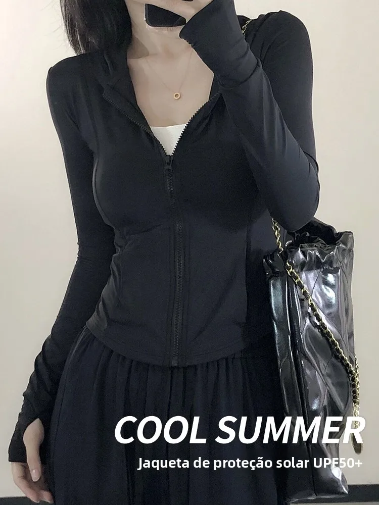 black-ice-silk-uv-protection-clothing-women's-slim-fit-yoga-sportswear-short-outerwear-quick-dry-skin-tight-top-with-hat