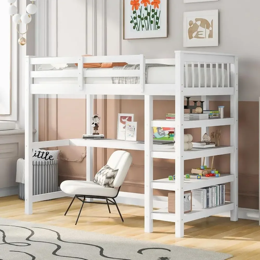 Twin Size Wooden Loft Bed with Desk, Storage, Ladder, and Guardrail for Kids and Adults - White