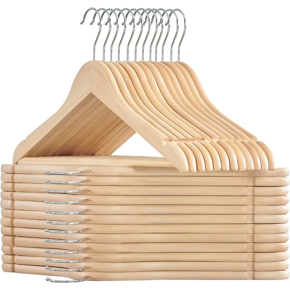 

Pack of 24 Non Slip Wooden Coat Hangers with Pants Bar and 360 Swivel Hooks for Jackets Shirts Coats Natural Wood