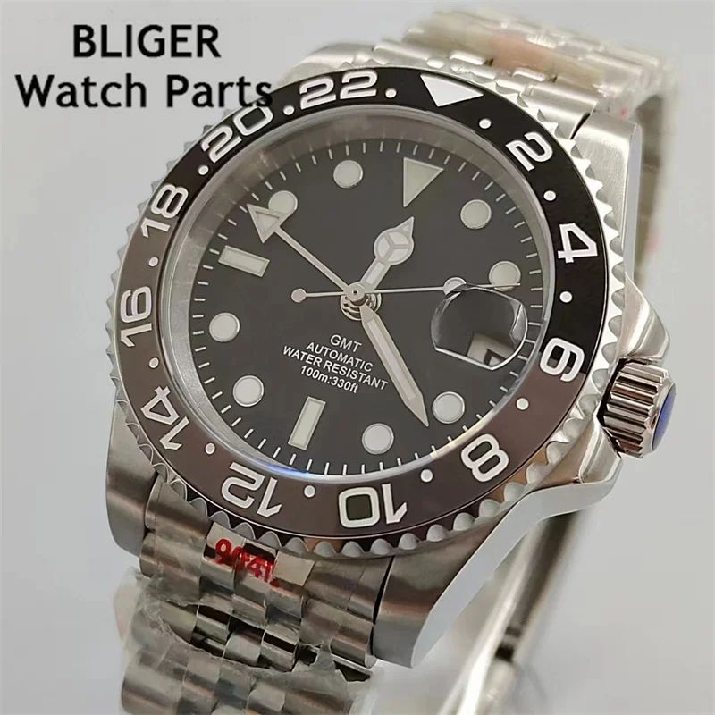 BLIGER 40mm GMT Men Mechanical Wristwatch NH34 Watch Sapphire Glass Ceramic Bezel Letters Black Dial Stainless Steel Bracelet