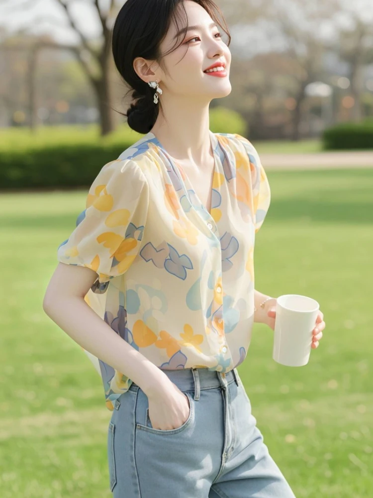 Chemises Vintage pour femmes, chemises coréennes, mode col en v, vêtements amples printemps/été imprimés, manches courtes, hauts pour femmes