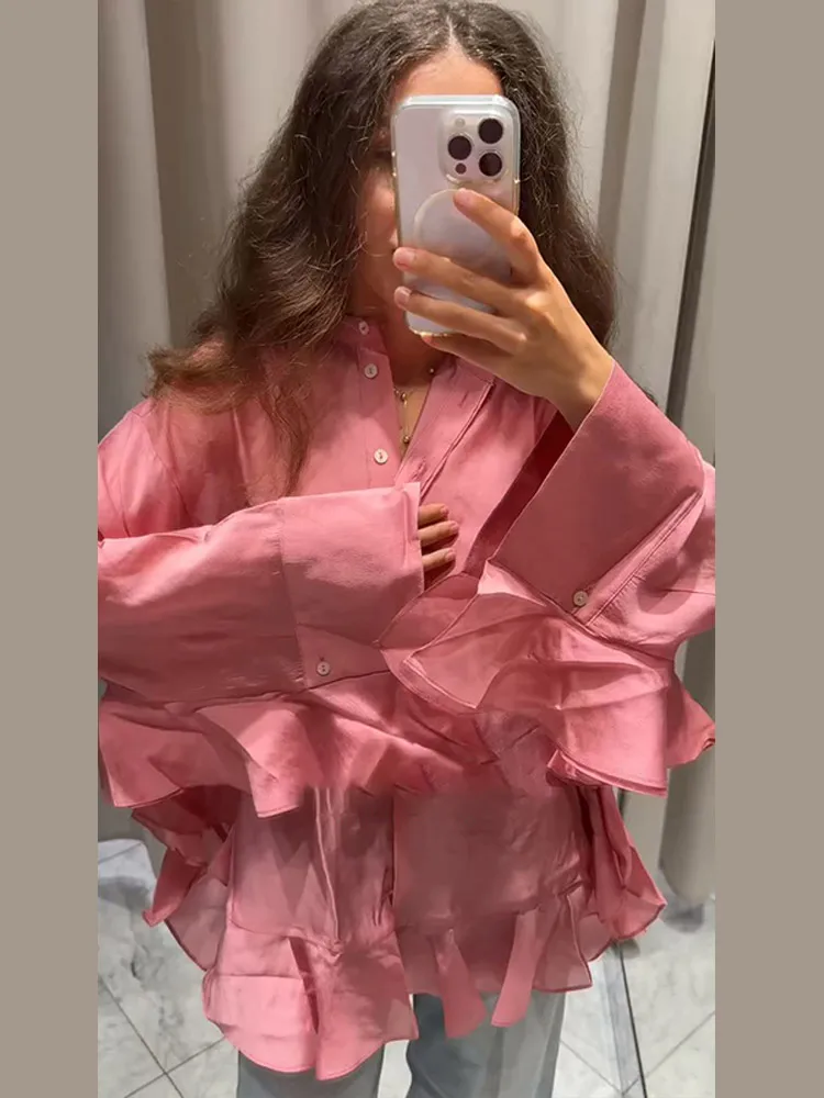 

Fashion O-neck Ruff Top Women Elegant Solid Full Sleeve Single Breasted Loose Fit Shirt 2025 Lady Summer Autumn Chic Casual Top