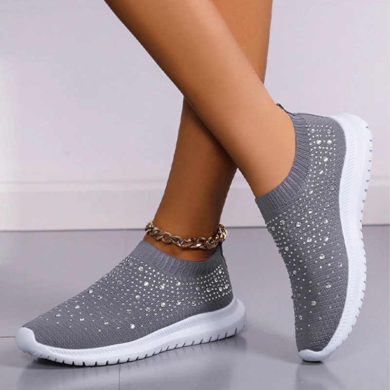 Rimocy Shiny Crystal Knitted Sneakers for Women Plus Size Light Slip on Flats Shoes Woman Casual Soft Bottom Sock Shoes Ladies