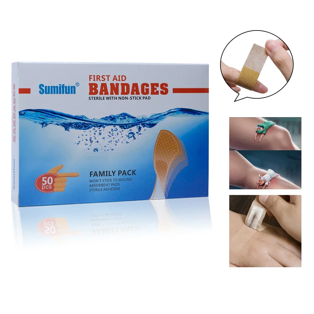 50 pçs/caixa bandagens adesivas de tecido flexível para cuidados com feridas menores à prova dwaterproof água respirável bandagem adesiva