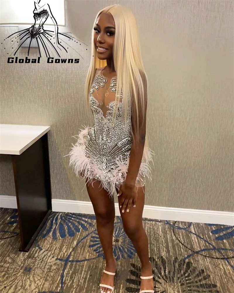 Pink Short Prom Dress Black Girls For 2024 Crystal Beaded Birthday Party Gown Feathers Mermaid Mini Abiti Cocktail Customized