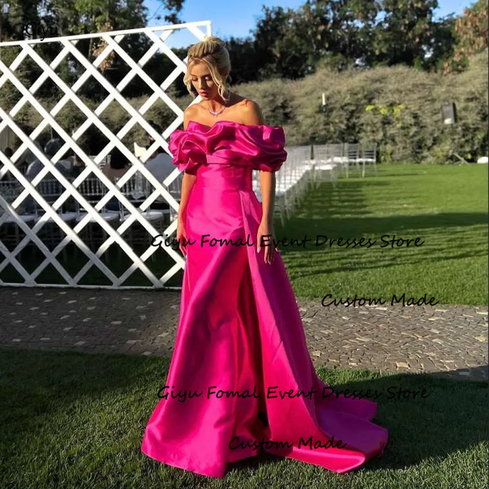 

Giyu Hot Pink Evening Dresses Off Shoulder Ruffles Attachable Train Long prom Gowns Formal Party Dress Dubai Arabic Women