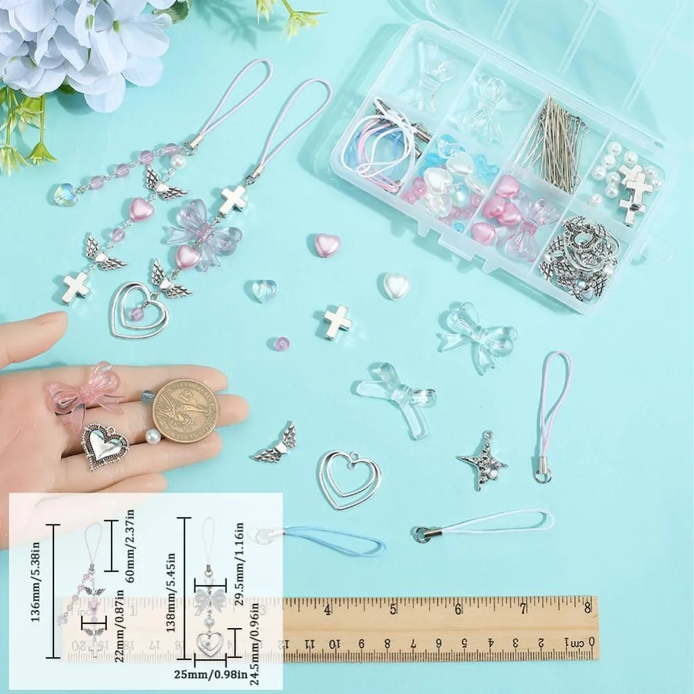 154Pcs DIY 8 Sets Phone Charm Making Kit Cute Bowknot Bow Knot Wing Heart Beads Phone Charms Phone Keychain Charm Cell Phone kit view 3