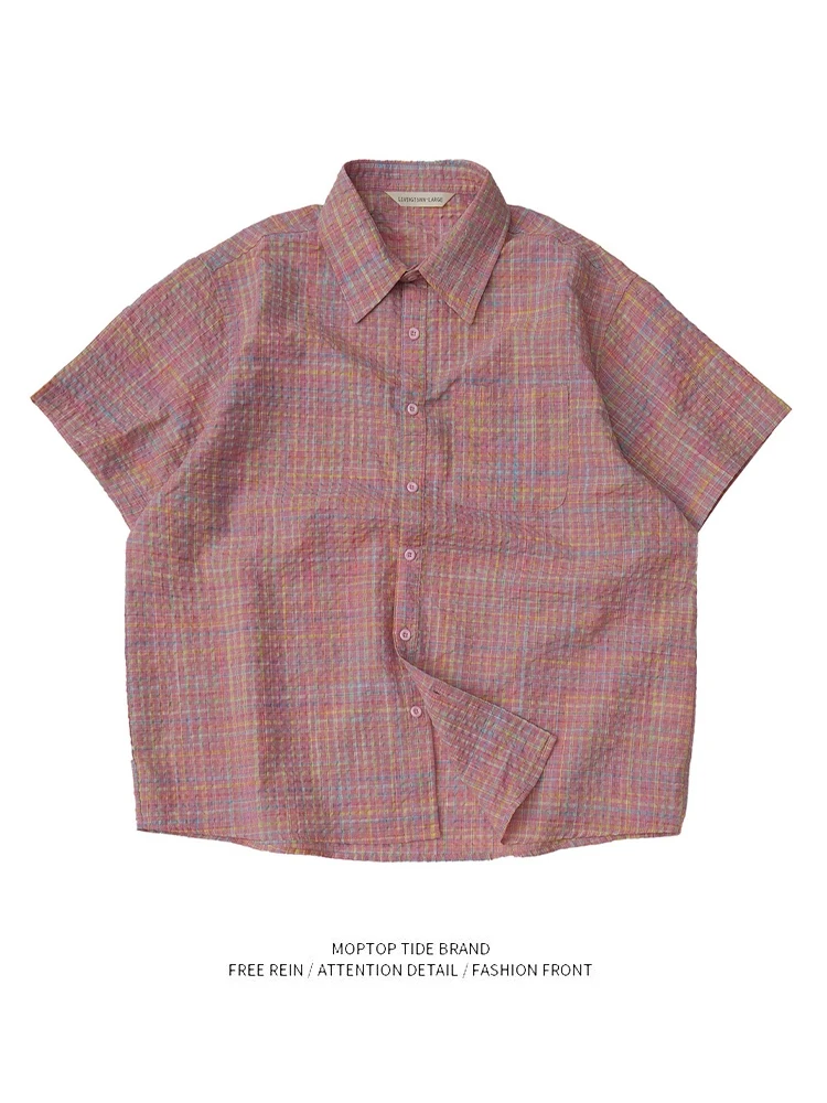 

Loose ort Sve Bubble Texture Feel Couples Casual irt Mr Wh Knit Pink Gingham Pattern All-Match Lightweight Top