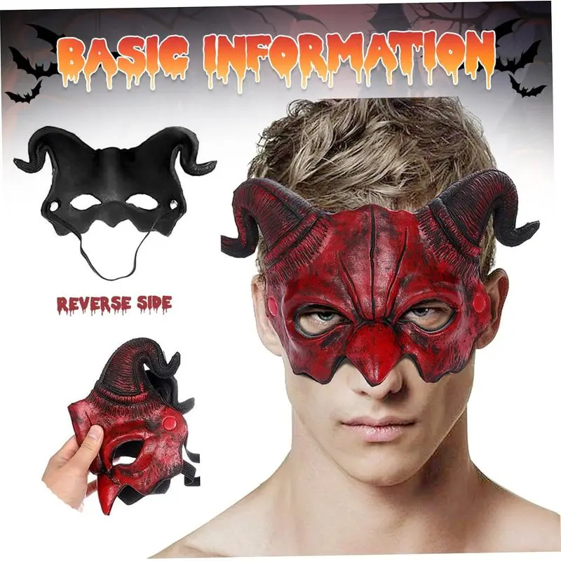 Halloween Devil Demon Half‑Face Mask, Creepy Monster Mask With Red Goat Sheep Horn, Scary Ghost Mask for Cosplay Masquerade Cost