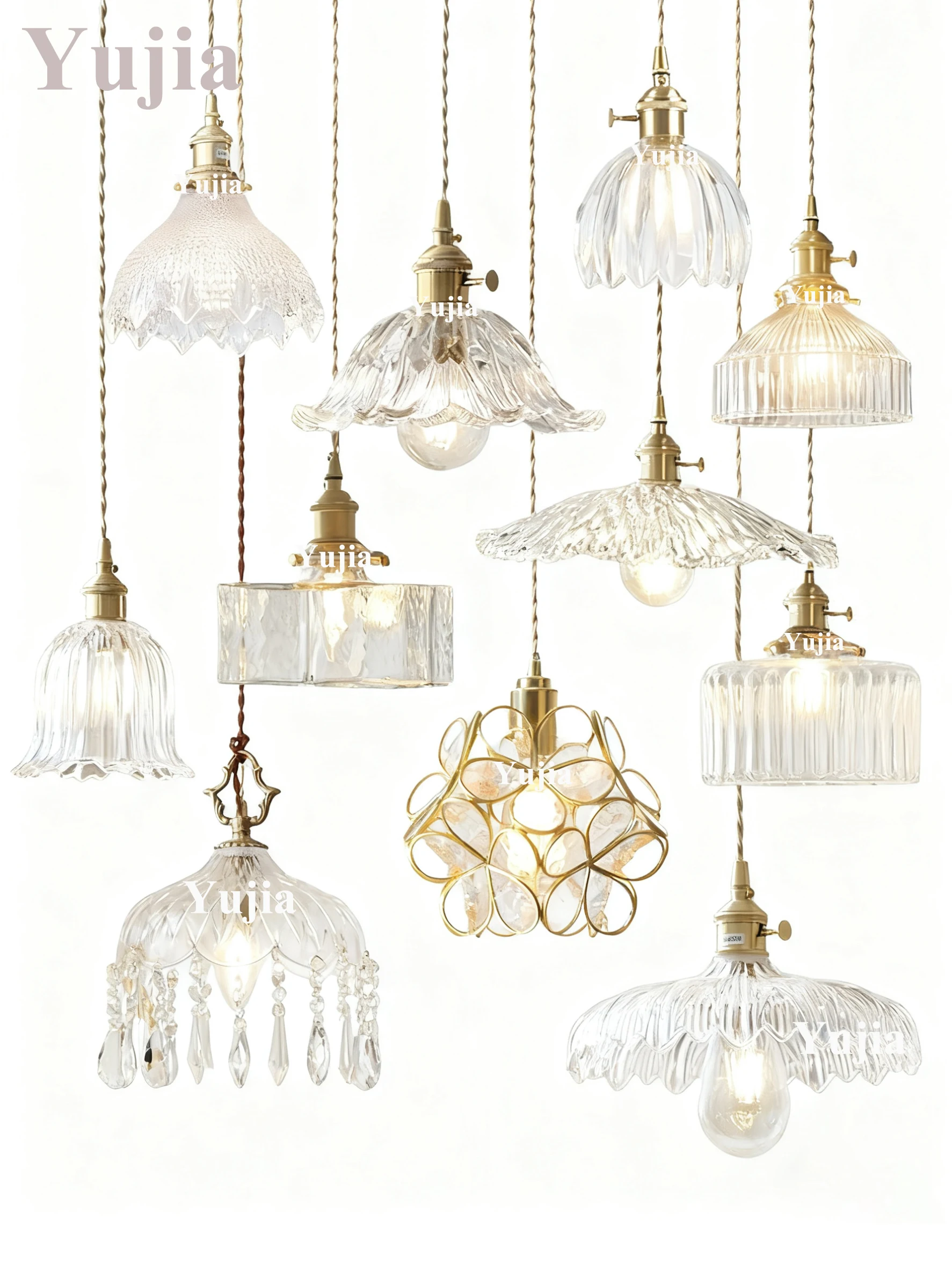 ハードワイヤード北欧クリアガラスペンダントライト-22-スタイル調節可能なコード真鍮ソケットハンギングランプキッチンアイランドダイニングルーム用