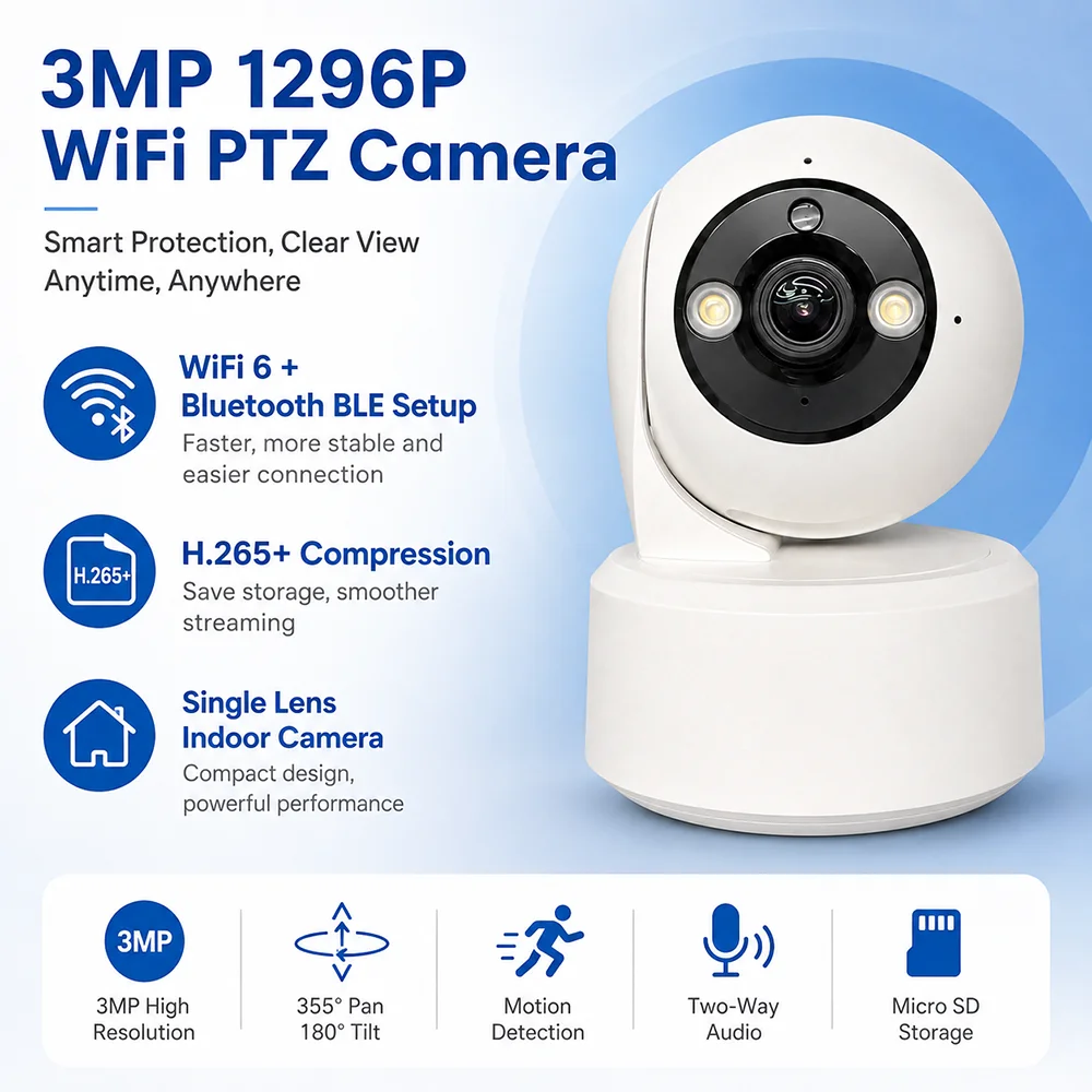 3MP 1296P Camera HiEasy APP 355*180Degree Wide Angle Full Color Wireless PTZ IP Camera 3X Zoom Dual Screen Intercom Baby Monitor