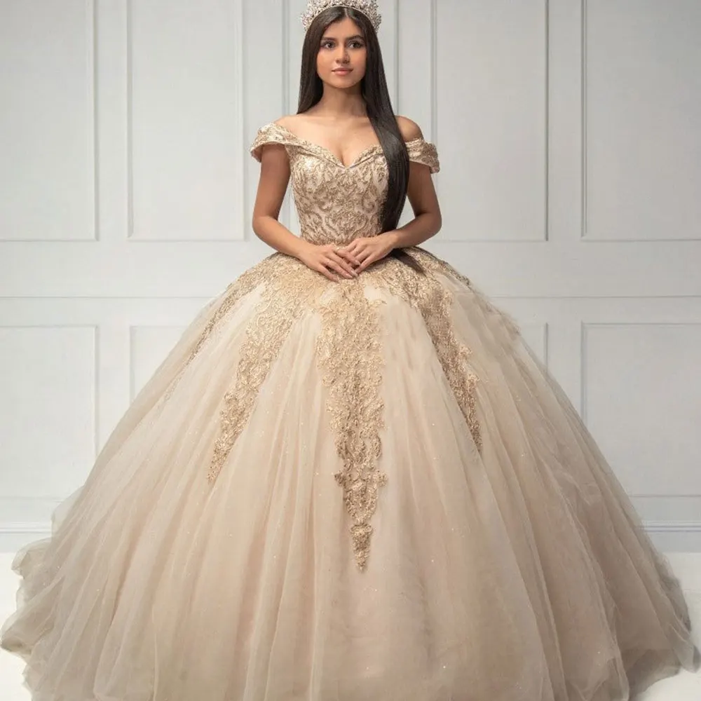 Customized 2023 Exquisite Quinceanera Dresses V-Neck Off The Shoulder Vestidos De Quinceañera Sleeveless Appliques Tulle Lace-up