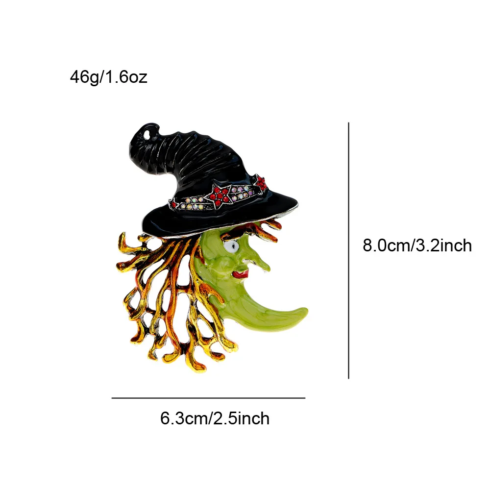 Europe America Multi Colored Drip Glue Inlaid Multicolored Zircon Witch Hat Moon Brooch UNISEX Halloween Hip-hop Party Brooch