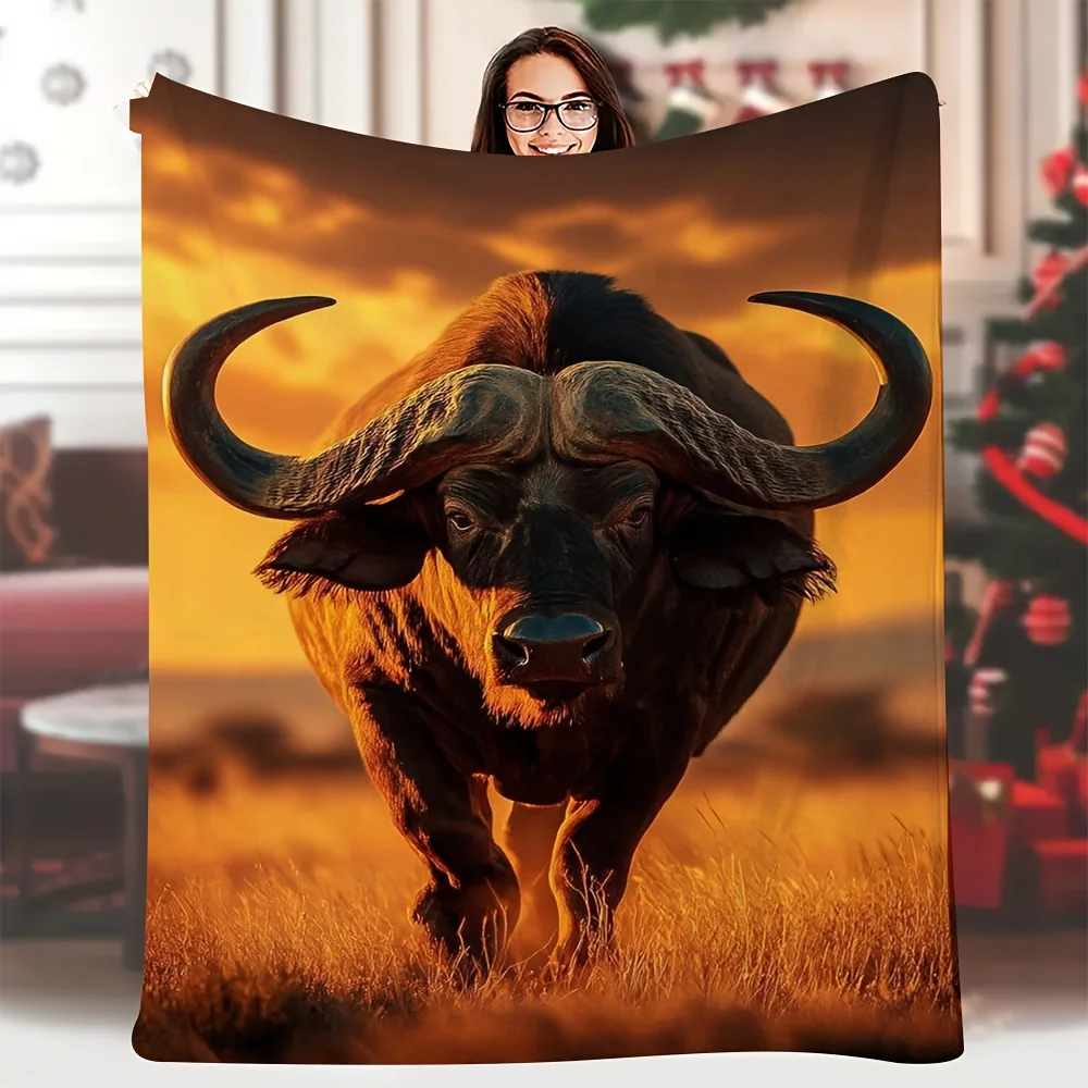 Dramatic Bull Safari Throw Blanket Couch Decor Animal Print Living Room Nap Cozy Plush Blanket for Home Decor Gift