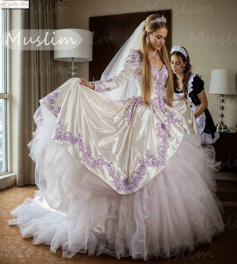 Robe de mariée victorienne fantaisie avec dentelle lilas princesse à manches longues robes de mariée médiévales 2025 enchanteresse mariée des années 80 personnalisée