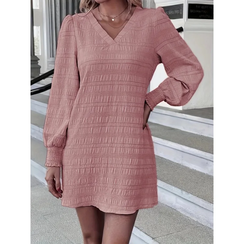 

Women's Pink Elegant Dress Temperament Commuting Female Casual Clothing Woman Puff Sleeve Simple Loose A-line Dresses