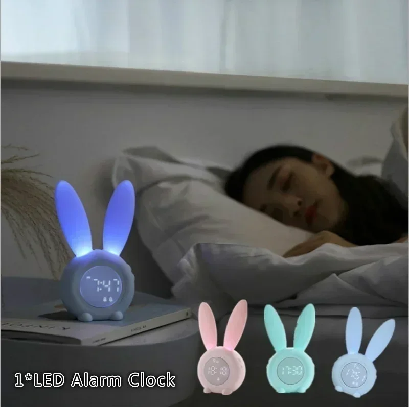 Cartoon LED Digital Alarm Clock Electronic LED Display Sound Control Rabbit Night Lamp Desk Rechargeable Alarm Clock Digital